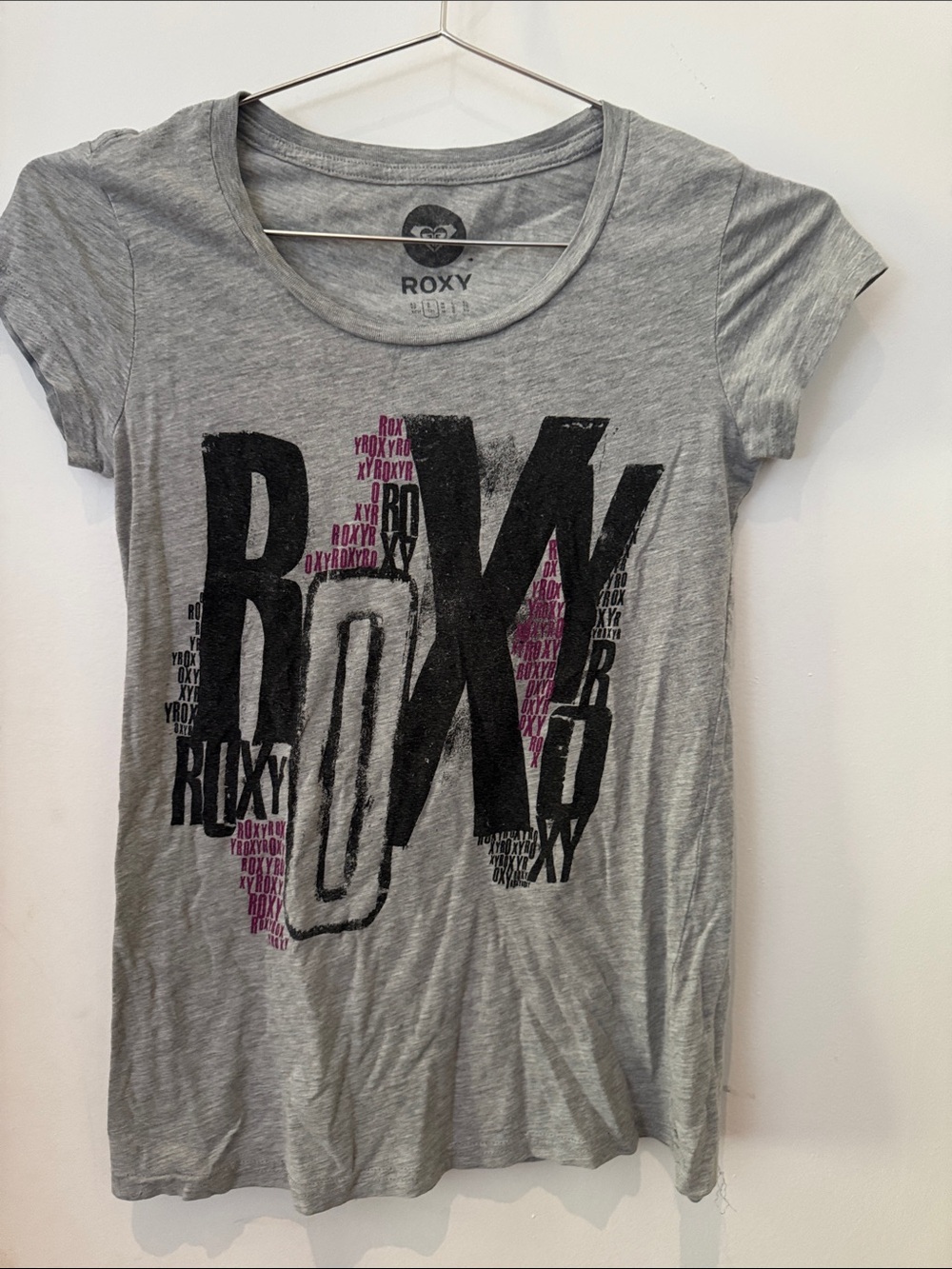 Roxy Grey Tee with Black and Pink Logo Graphic
